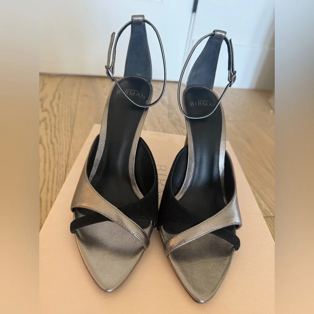 ALEXANDRE BIRMAN SELENA 100 HEEL Women's Silver Metallic black leather 37.5 new - Picture 3 of 8